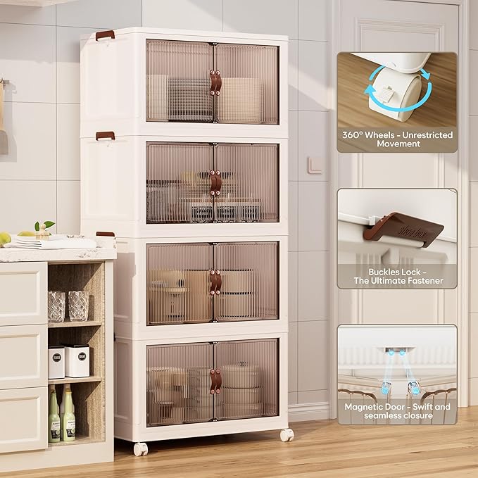 Jalove 88QT Plastic Storage Bins with lids, Stackable Collapsible Storage Containers with Wheels, Closet Organizer and Storage Drawers, Clothes Storage Cabinet for Home Office Garage, 1 Pack White