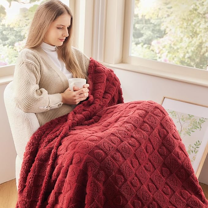 NEWCOSPLAY Super Soft Twin Blanket Red Premium Silky Flannel Fleece 3D Heart Checkered Lightweight Bed Blanket All Season Use (Red Heart, Twin(60"x80"))