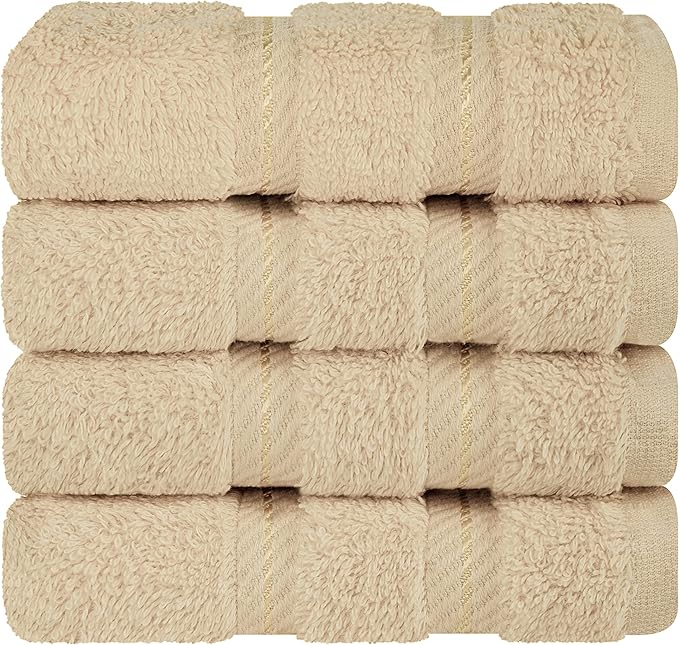 American Soft Linen Luxury Washcloths for Bathroom, 600 GSM 100% Cotton 4 Piece Turkish Wash Cloth Set, 13x13 in Soft Rags for Body and Face, Beige Washcloths