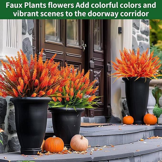 Artificial Fall Flowers for Outdoor Plants 12 Bundles Fake Lavender Plastic Faux Monkey Grass for Verandah Window Garden Office Patio Front Porch UV Resistant for Planter(Autumn Orange)