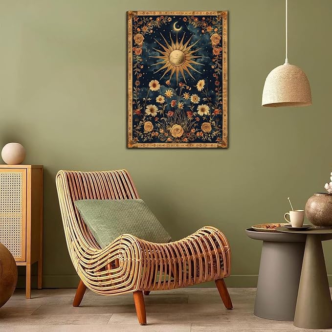 Sun and Moon Celestial Canvas Wall Art Tarot Crescent Moon Wall Decor Pictures Gothic Wildflowers Painting Posters Prints Aesthetic Dark Academia Vibe Artwork for Bedroom Home Decor Framed (24inx36in canvas)