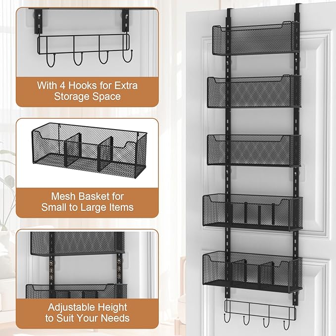 Over The Door Organizer, Metal Door Organizer Hanging with 5 Adjustable Baskets and Coat Hook, Behind The Door Storage for Bedroom Closet Bathroom Pantry Cabinet Kitchen, Black
