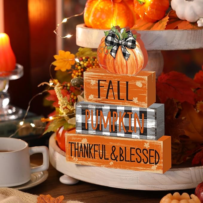 4 Pcs Fall Decor for Home Buffalo Plaid Pumpkin Wooden Signs with Blessed Autumn Tiered Tray Decor Grid Pumpkin Tabletop Centerpiece Fall Block Signs for Thanksgiving Office Kitchen Shelf