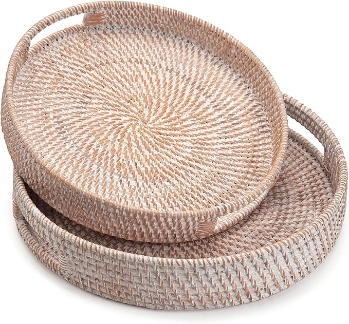 Round Rattan Serving Tray Decorative Woven Ottoman Trays with Handles for Coffee Table White (Small 11.8 inch x 2.4 inch)