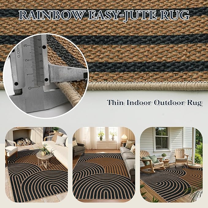 Lahome Modern Rainbow Easy Jute Carpet, Washable Rugs 5x7 for Living Room Black Farmhouse Dining Room Rug, Contemporary Natural Throw Mat Non Slip Floor Carpet for Office RV Patio