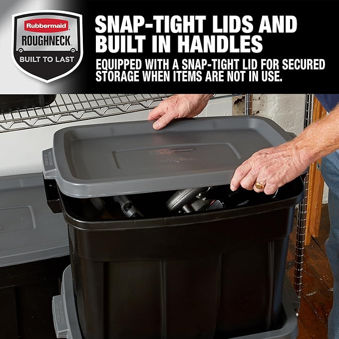 Rubbermaid 3-Pack Garage Storage Bins 18x12 Inch Heavy Duty Storage Bins, Large Capacity - USA Made Stackable Plastic Bins with Lids Black
