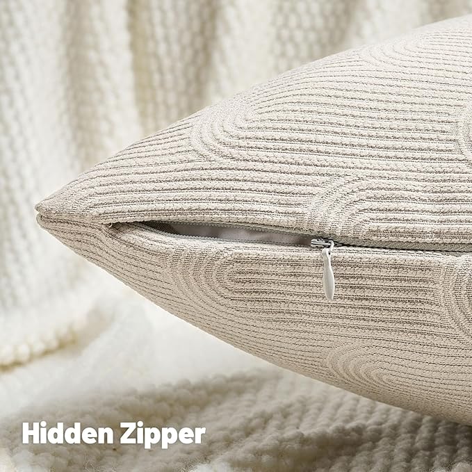 FUTEI Beige Chenille Decorative Throw Pillow Covers 22x22 Inch Set of 2,Soft Cozy Striped Geometric Patterns Cushion Case,Modern Home Decor for Couch Bed Living Room