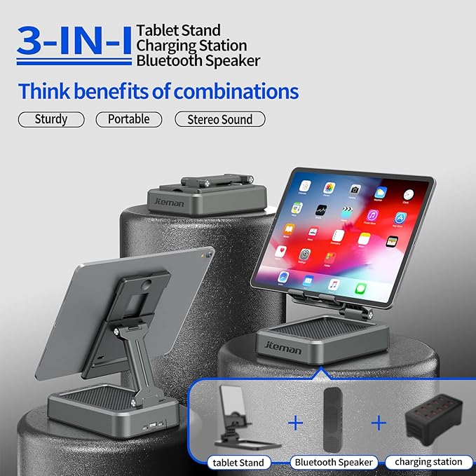 Jteman Wireless Bluetooth Speaker Tablet Stand, Adjustable with Bluetooth Speakers,Gifts for Women Men,Kitchen Gadget for Men,Compatible with Phones and Tablet (4.0-12.9'') - Graphite