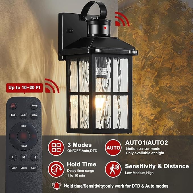 Porch Lights Outdoor with Remote Control: 2 Pack Motion Sensor Exterior Lighting Fixtures Intelligent 3 Lighting Modes Outdoor Wall Lights Sconce Lights for House Patio Front Door Garage