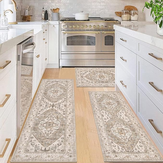 Pauwer Kitchen Mats for Floor 3 Piece Set Boho Non Slip Kitchen Rugs Washable Farmhouse Kitchen Floor Mats Thick Long Kitchen Throw Area Rug Carpet Runner for Hallway Laundry Bathroom, Brown Beige