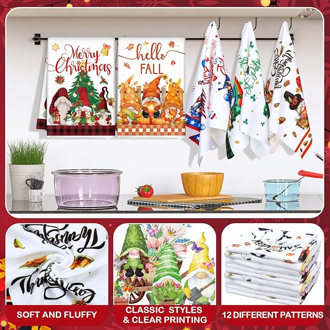 12 Pcs Seasonal Kitchen Towels Set for All Holidays Hand Dish Tea Towels Fall Halloween Christmas Cute Drying Dishcloths Decorative Absorbent Wash Cloths(Gnome Style,Bright Color)