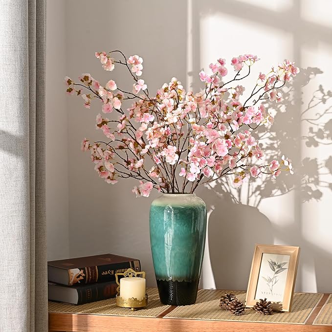 Sunm Boutique Faux Cherry Blossom Branches, Artificial Cherry Blossom Stems Cherry Blossom Flowers Vase Arrangements for Wedding Home Party Kitchen Decor, Light Pink, Set of 3