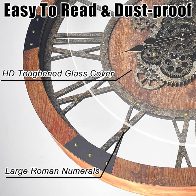 DORBOKER 40'' Large Wall Clock Real Moving Gears Oversized Industrial Solid Wood Rusic Farmhouse Clocks for Living Room Wall Decor Home Office, 40 inch 101cm, Brown and Vintage