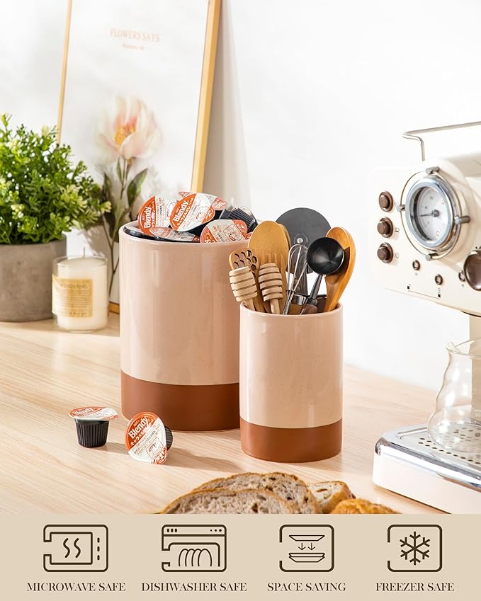 MALACASA Utensil Holder, 5.5" Ceramic Kitchen Utensil Holder for Countertop, Cooking Utensil Crock for Kitchen Counter, Farmhouse Utensil Organizer for Spatula & Spoon, Khaki Pink, Series TARA