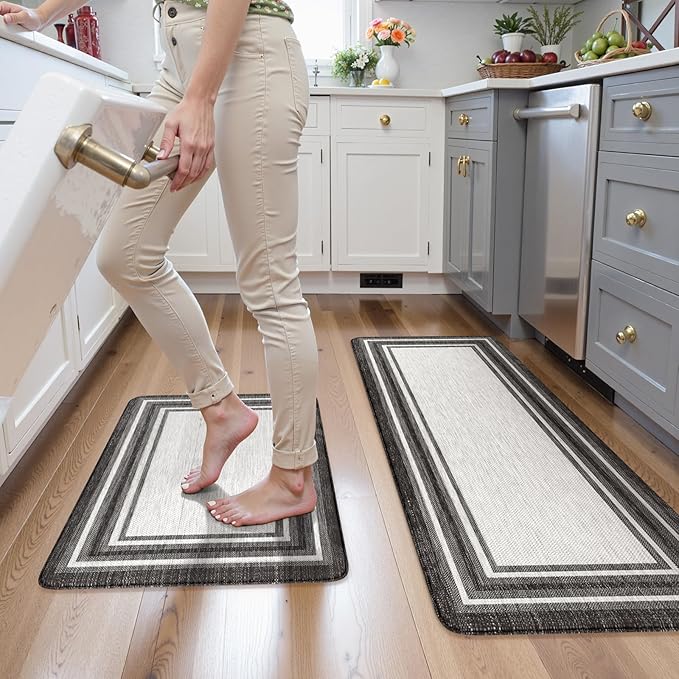 KIMODE Anti Fatigue Kitchen Mat for Floor, 20"x47"+20"x32" Kitchen Rugs Set of 2, Non Slip Kitchen Floor Mats Cushioned, Comfort Mats for Kitchen Floor, Sink, Laundry, Office, Desk Black and White
