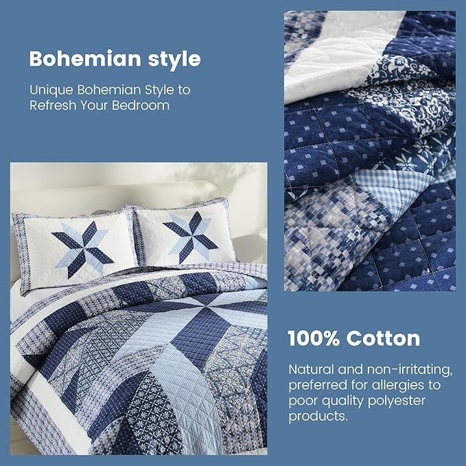 Secgo Handmade Quilted 100% Cotton Queen Comforter Set for Bed - 100% Cotton Quilts Queen Size, Black Bedspreads (90 * 98 Inch) with 2 Pillow Shams, Patchwork Reversible Lightweight Bedding