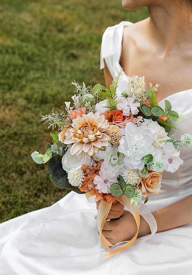 Serra Flora Artificial Flowers Combo Dahlia 34pcs Silk Mix Fake Flowers Roses for DIY Wedding Bouquets Combo Centerpieces Arrangements Party Bridal Baby Shower Home Decorations(White Pink)