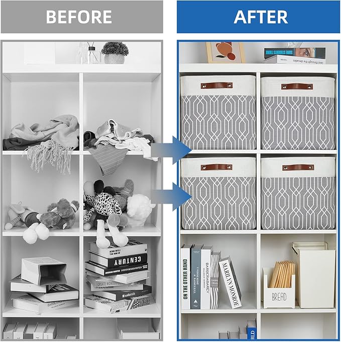 Temary Collapsible Baskets 13 Inch Storage Cubes for Organizing, Storage Baskets for Shelves, 4 Pack Fabric Storage Cubes Bins for Towels, Blankets (Grey Polygon)