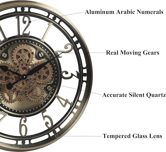 CLXEAST 28 Inch Large Moving Gear Wall Clock for Living Room Decor, Modern Farmhouse Wall Clock for Home Office,Brass Gold,House Warming Gifts New Home