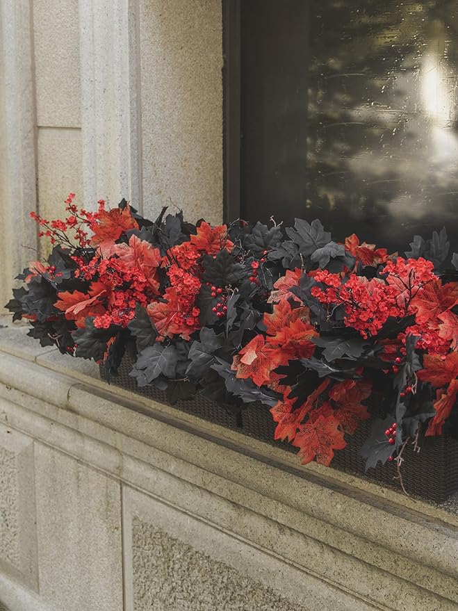 16pcs Fake Plants Outdoor, Halloween Maple Leaves Branch, Autumn Artificial Plants with Black Maple Leaves, Faux Leaves Spray for Halloween Thanksgiving Home Deocr