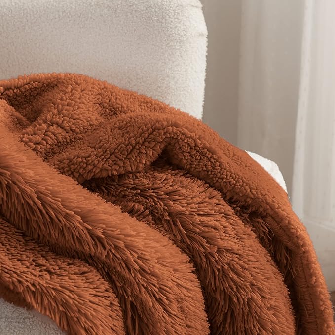 Bedsure GentleSoft Fuzzy Sherpa Faux Fur Twin Blanket Burnt Orange Cozy Gifts for Women Men, Soft Fleece Plush Warm Thick Blanket Twin Size for Bed, Room Dorm Essentials Orange Decor Gifts, 60x80