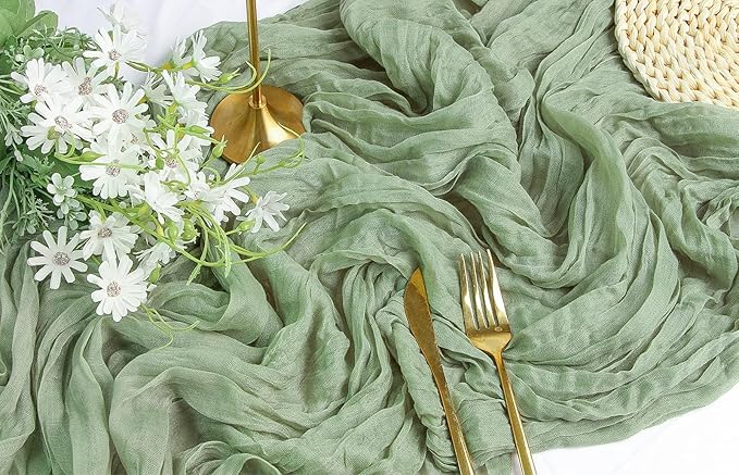 FEXIA 3 Pack Sage Green Table Runner 35x120 Inches for Baby Shower Decoration Gauze Rustic Table Runner for Wedding Party First Communion Centerpiece Engagement Bridal Shower Boho Decoration