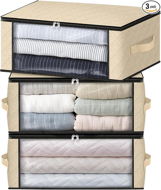 HomeHacks Storage 3-Pack Clothes Organizer Storage Bags Foldable Storage Box with Large Clear Window Sturdy Handles for Closet, Dorm, Pillows, Bedding, Clothes, Blankets, 35L, Beige