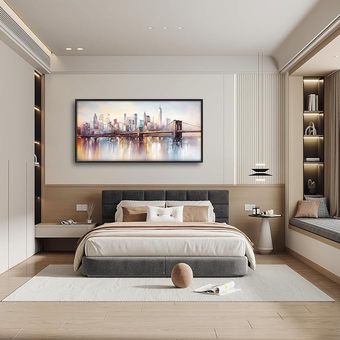 Olivine Large Wall Art, Brooklyn Bridge Pictures Wall Decor, New York Cityscape Canvas Prints Painting, Framed Artwork for Bathroom Bedroom Living Room Office Home Decoration 60"x30"