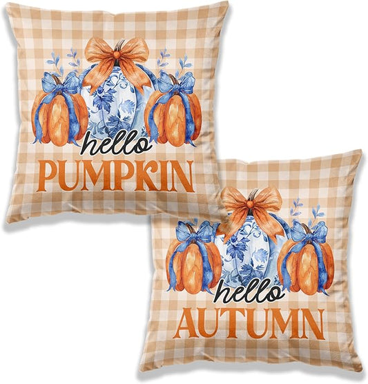 Chinoiserie Fall Pumpkin Pillow Covers 18x18 Set of 2,Autumn Decor,Blue and White Orange Chinoiserie Pumpkin Decorative Throw Pillow Covers for Home Bedroom Living Room
