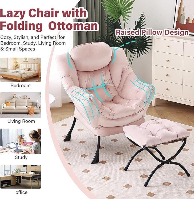 Lazy Chair with Ottoman, Modern Chair with Folding Footrest, Lounge Accent Chair, Comfortable Reading Chair, Oversized Armchairs for Bedroom, Study, Living Room, Courtyard (Pink)