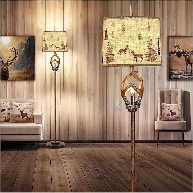 Scenekoy Rustic Farmhouse Antlers Floor Lamp with Nightlight Brown Finish Round Shade Lamps for Living Room Bedroom Office Study House