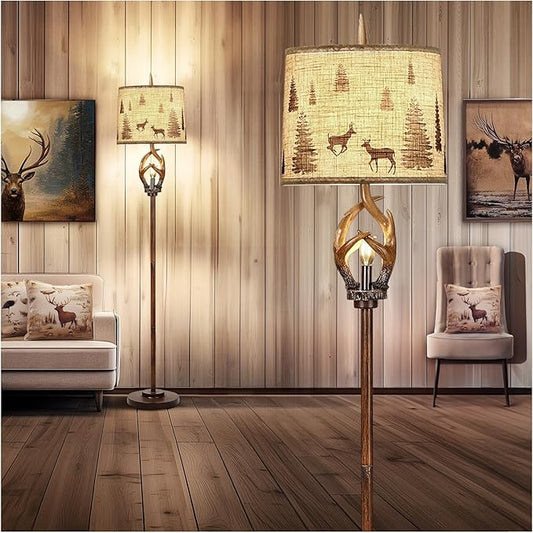 Scenekoy Rustic Farmhouse Antlers Floor Lamp with Nightlight Brown Finish Round Shade Lamps for Living Room Bedroom Office Study House