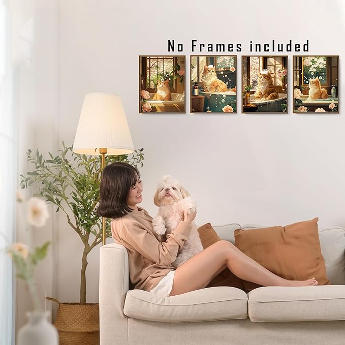 FITIE Funny Orange Cat Bathroom Wall Art Prints Set of 4, Vintage Floral Funny Orange Cat in Bathtub Wall Art Posters for Bathroom Washroom Restroom Decor, 8x10 Unframed