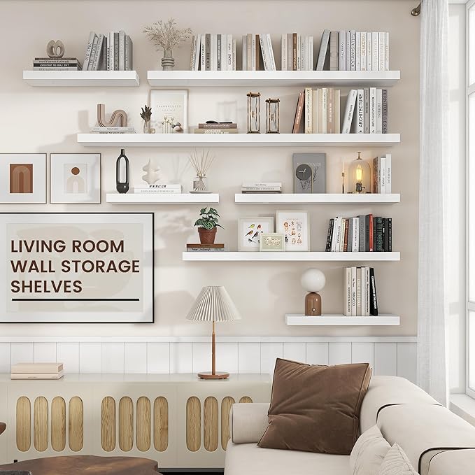 Floating Shelves for Wall, Large Wall Mounted Shelves with Invisible Brackets, Long Wood Floating Shelf for Living Room, Bedroom, Kitchen, (White, 55" W x 9" D x 1.5" H)