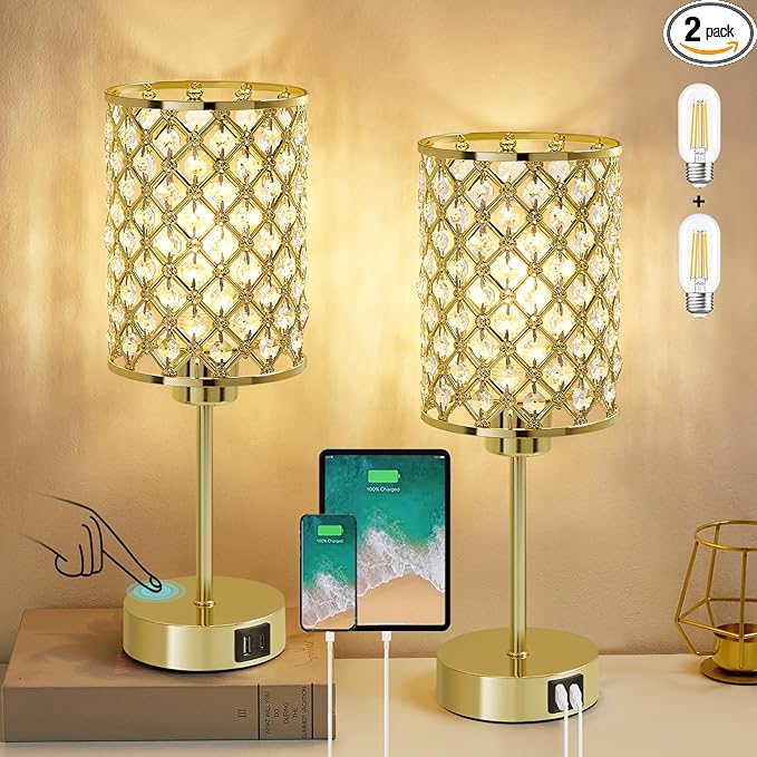 Crystal Table Lamps Set of 2, Gold Touch Lamp for Nightstand with USB C+A Ports, 3 Way Dimmable Small Bedside Lamp with Crystal Shade, End Table Desk Lamps for Bedroom, Living Room(Buld Included)