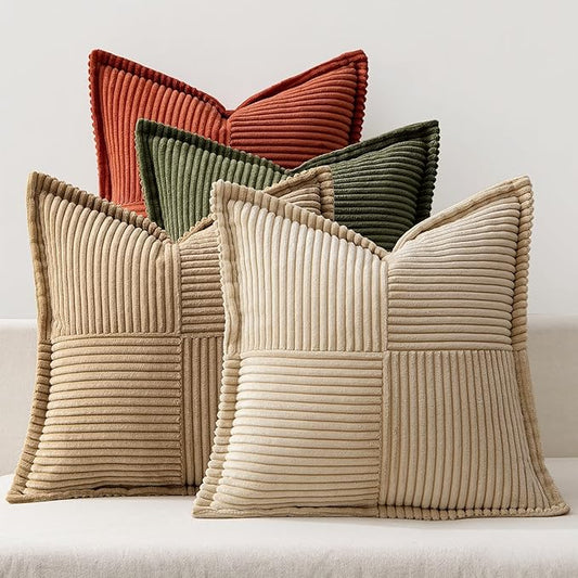 MIULEE Fall Rust-Olive Green Throw Pillow Covers 18x18 Inch 4 Packs Soft Boho Color-Clash Farmhouse Pillow Cases Accent Modern Cushion Cases for Couch Sofa Bed Corduroy Patchwork Home Decor