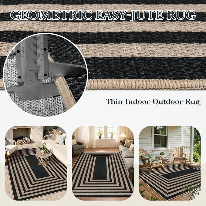 Lahome Modern Geometric Easy Jute Outdoor Rug, 5x7 Patio Living Room Rug Large Black Carpet for Bedroom, Farmhouse Washable Indoor Outdoor Carpet for Dining Room Backyard Deck