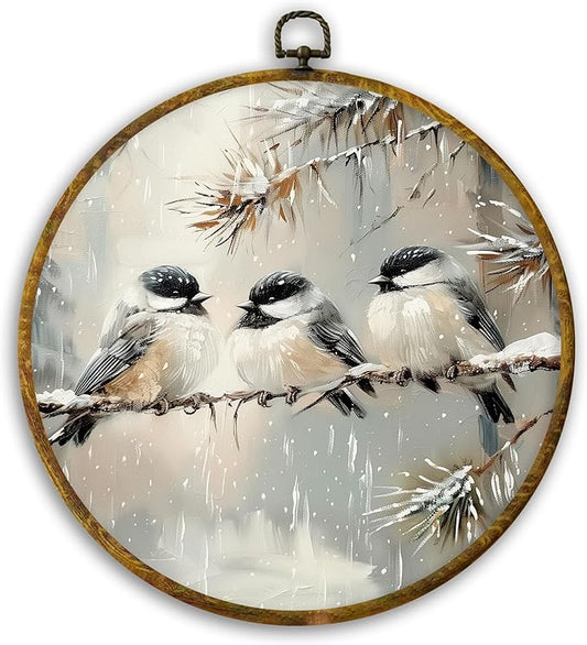 CUANFDDSF Vintage Winter Bird Round Wall Art Decor, Rustic Cottagecore Bird Wall Hanging Frame Decor, Farmhouse Cozy Winter Canvas Prints Decorations for Home Bedroom Living Room, 10x10 Inch