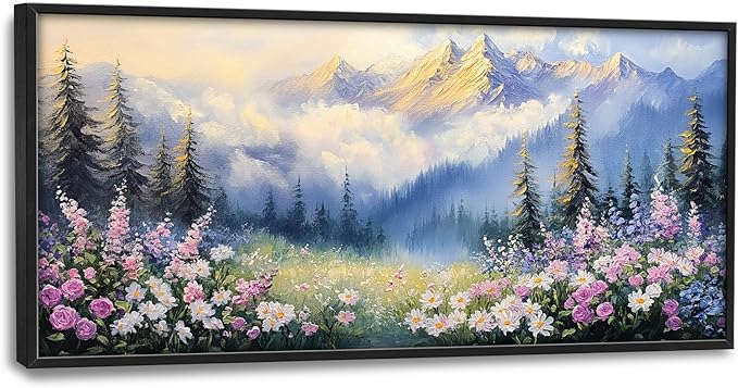 Framed Large Wall Art for Living Room, Forest Mountain Canvas Wall Decor, Flowers Tree Pictures Painting, Modern Landscape Artwork for Bedroom Office 60L'' × 30W''