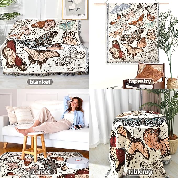 Boho Throw Blanket Reversible Cotton Bohemian Tapestry Hippie Room Decor Double Sided (Month Moth Print 50"x60")