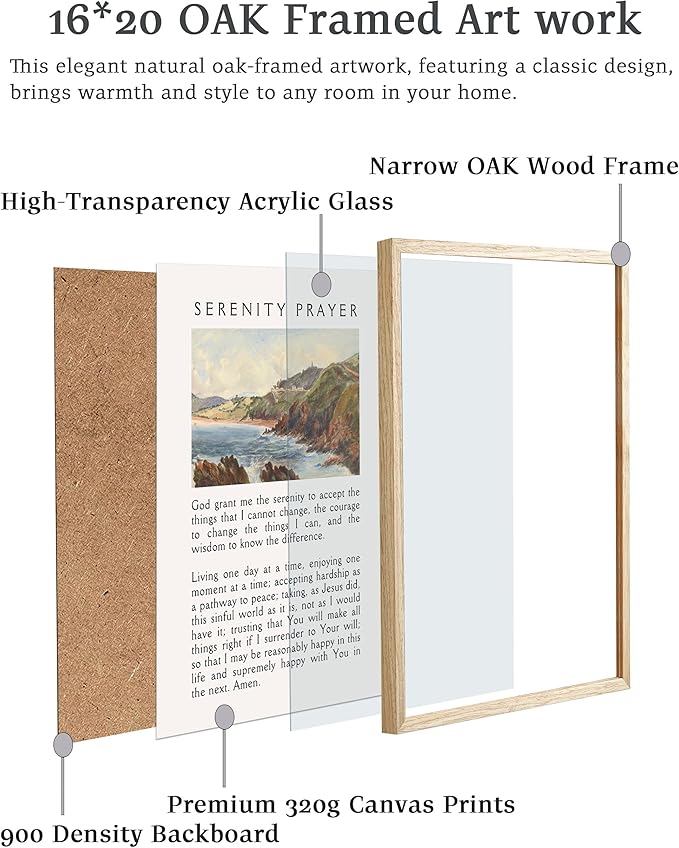 Large 16x20in OAK Wood Framed Wall Art, Serenity Prayer Bible Verse Christian Canvas Wall Decor, Blue Modern Jesus Wall Prints for Bedroom, Living Room, Bathroom, Religious Gift, 1 Pack