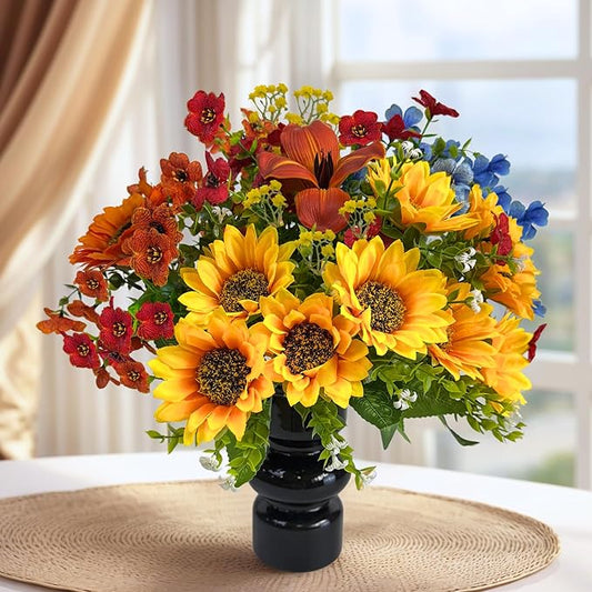 Fake Flowers with Vase, Sunflowers Artificial Flowers, Faux Flowers in Vase for Centerpiece Table Decorations, Fall Fake Plant Silk floral arrangements for Home Coffee Kitchen Dining Table Decor