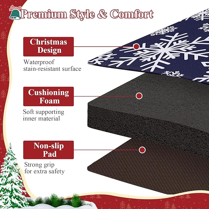 SHACOS Christmas Kitchen Rugs Set of 2 Anti-Fatigue Kitchen Mats Cushioned Blue Christmas Kitchen Rugs White Snow Farmhouse Kitchen Mats and Rugs for Xmas 17x27.5+17x47, Blue Snowflakes