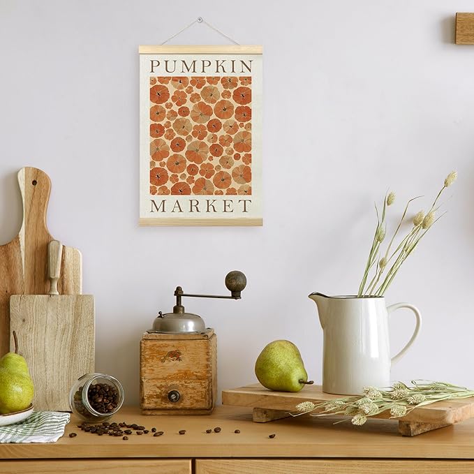 TLESKE Fall Pumpkin Market Poster Hanger Frame, Autumn Pumpkin Flowers Hanging Wall Art Room Decor for Bedroom Living Room, Aesthetic Floral Pumpkin Wall Banner Prints Pictures Artwork, 12x16