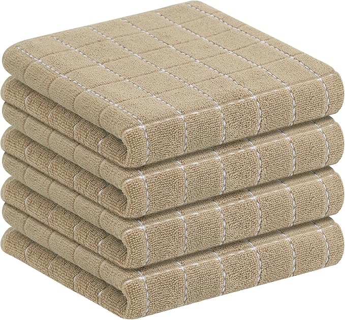Homaxy 100% Cotton Terry Kitchen Towels(Tan, 13 x 28 inches), Checkered Designed, Soft and Super Absorbent Dish Towels, 4 Pack