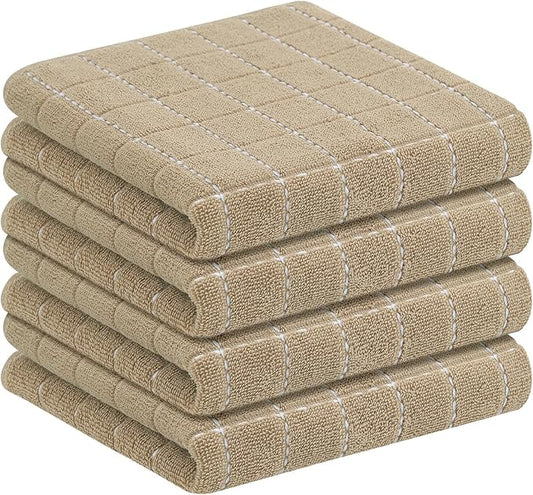Homaxy 100% Cotton Terry Kitchen Towels(Tan, 13 x 28 inches), Checkered Designed, Soft and Super Absorbent Dish Towels, 4 Pack