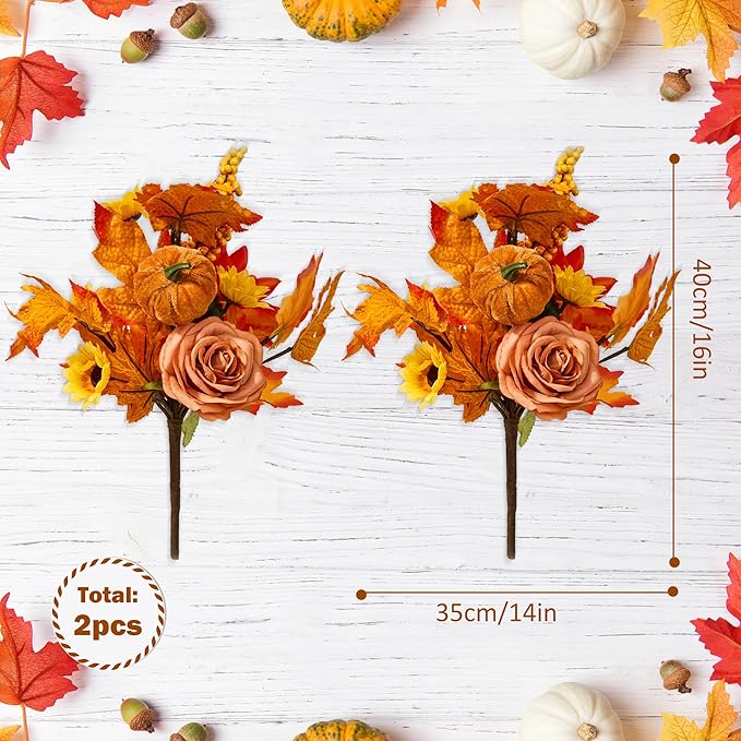 GENMOUS Fall Decor - 2 Pcs Artificial Fall Flowers, Fake Flowers for Autumn, Faux Fall Floral Arrangements Stems Maple Leaf for Home Fall Wedding Bouquet Table Centerpieces Thanksgiving Decoration
