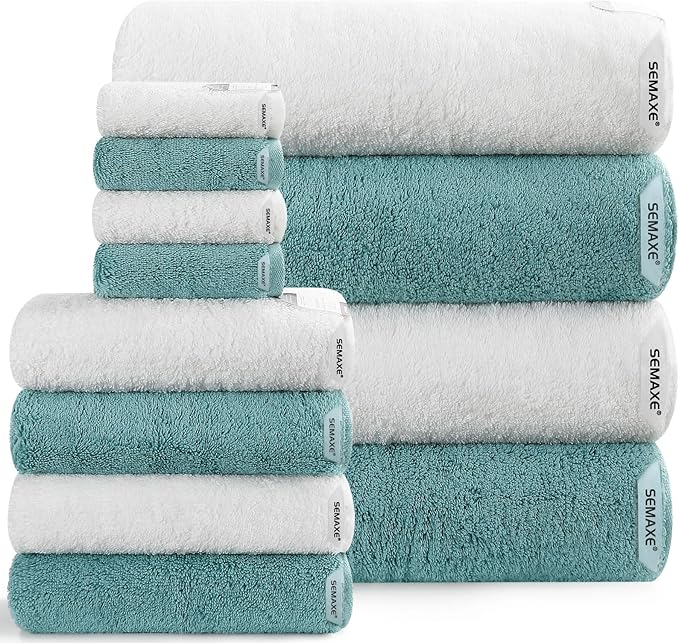SEMAXE 12-Piece Mixed Color Towel Set (White, Blue) - 100% Cotton, Lightweight, Absorbent, Quick-Drying Bathroom Towel, Ideal for Couples and Gifts, Bath Towel, Hand Towel, and Washcloth Per Color