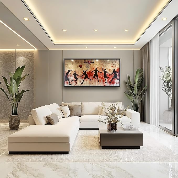 Flintis Large Basketball Sports Framed Wall Art Basketball Players Pictures Wall Decor Abstract Graffiti Canvas Painting Print Artworks Framed for Living Room Bathroom Master Bedroom 60L X 30W