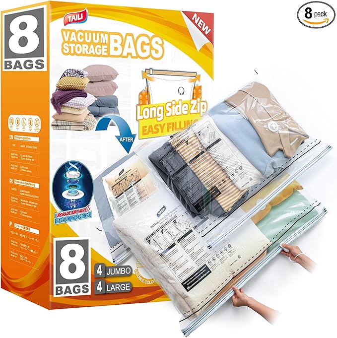 TAILI 8 Pack Vacuum Storage Bags, LONG SIDE ZIP (4 Large+4 Jumbo), Multi-Size Vacuum Seal Bags for Clothing, Storage Bulky Beddings, Blankets and Clothes, Space Saver for Closet Organization